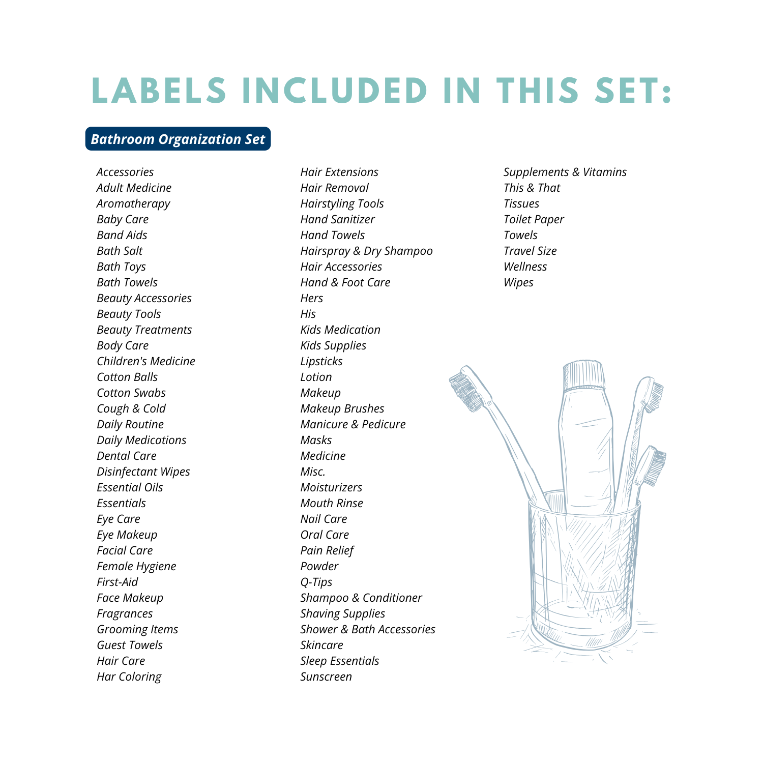 A list of labels included printable bathroom organizing labels digital printable download
