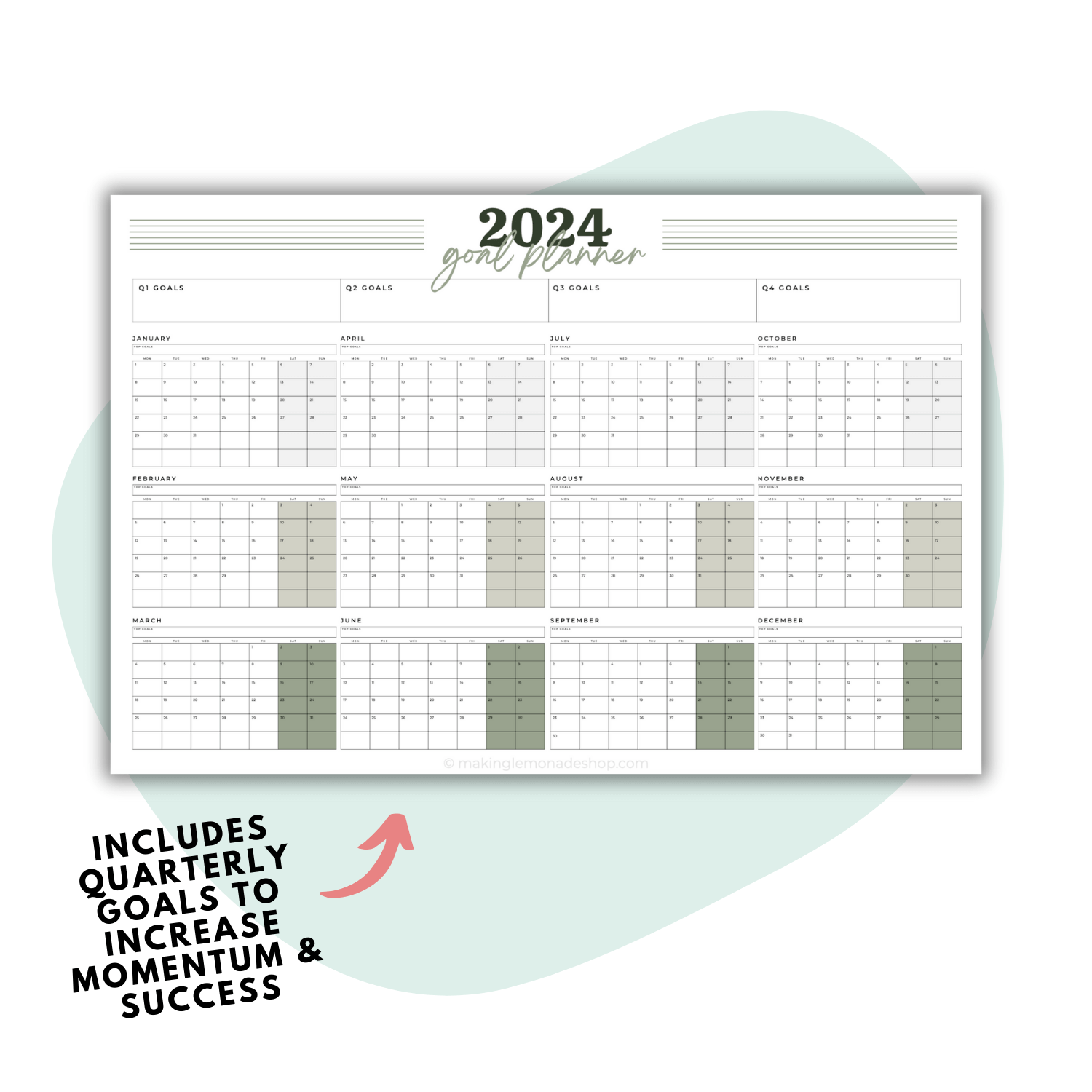 2024 large print wall calendar goal planner