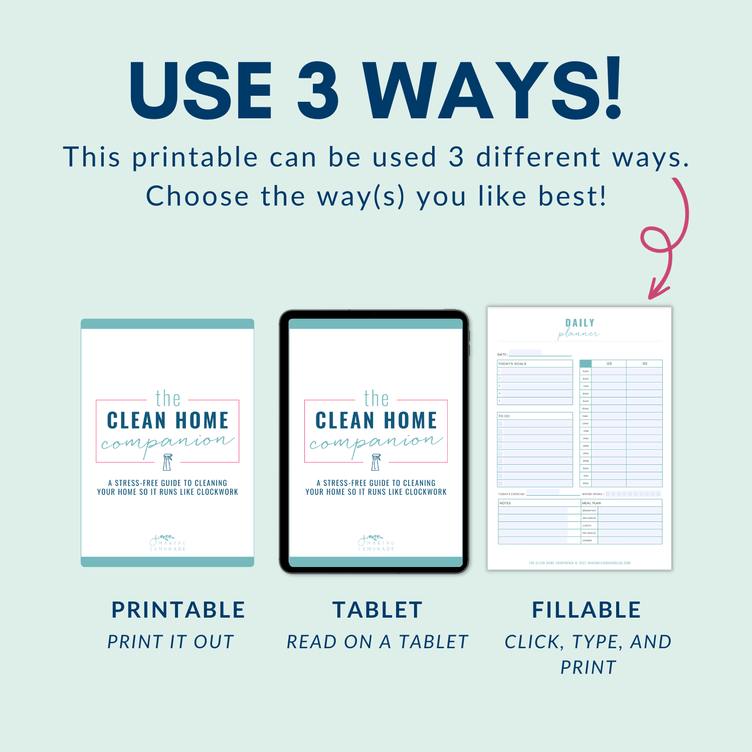 An image of how to use the Clean Home Companion 3 ways