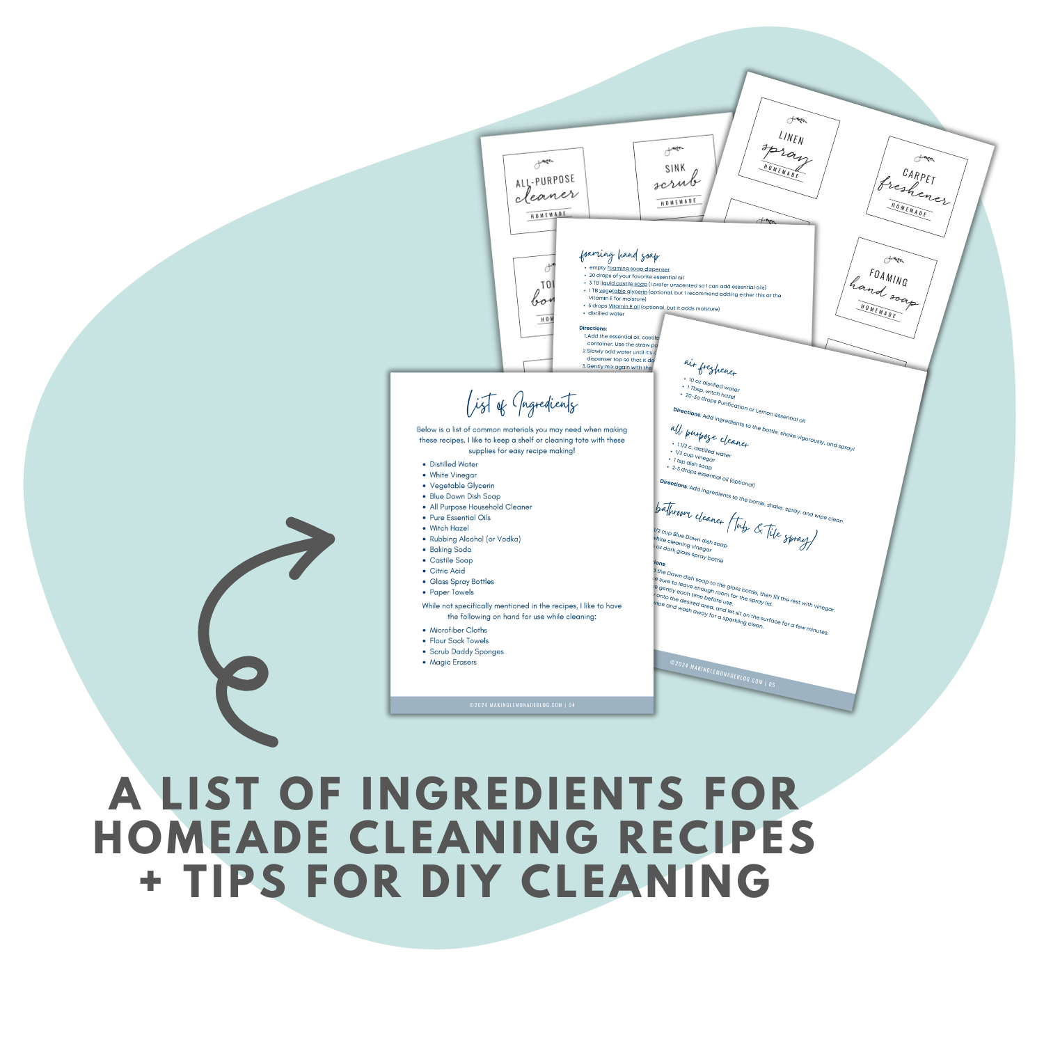 Mockup of printable pages included in a DIY cleaning recipes and labels guide