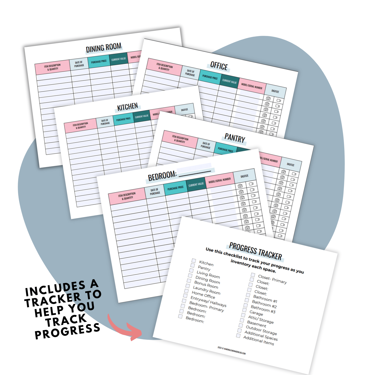 Sample pages of printable + digital home inventory kit for insurance