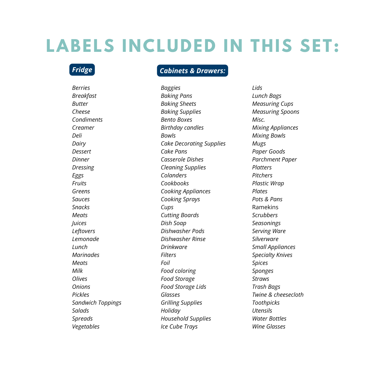 labels included in printable refrigerator and kitchen organization label set