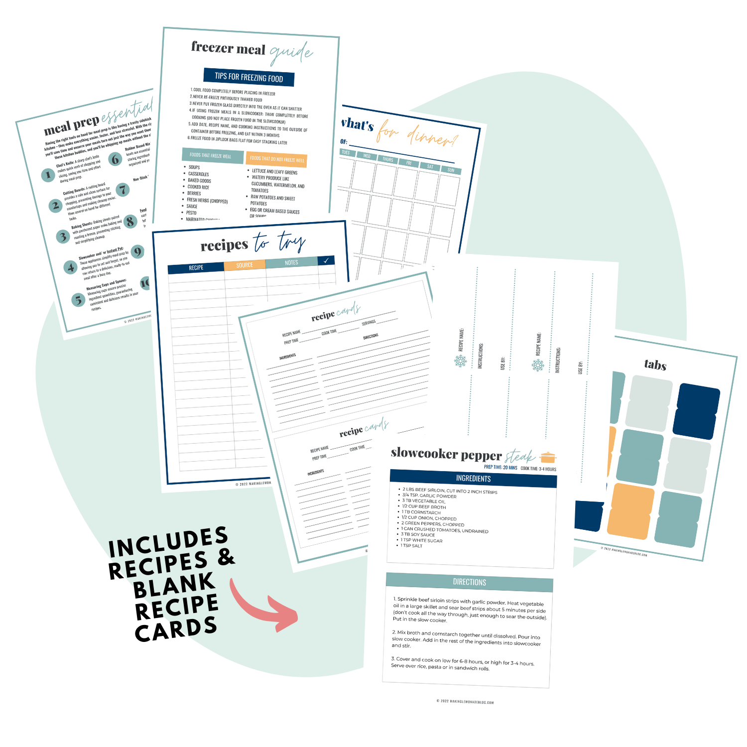 Mockup pages of printable binder & recipes: meal planning made easy system