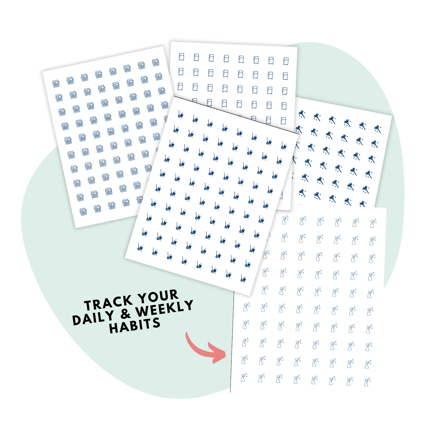 Mockup pages of printable home habit tracking stickers