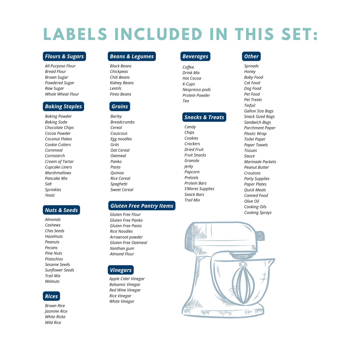 List of which labels are included in printable minimalist pantry labels