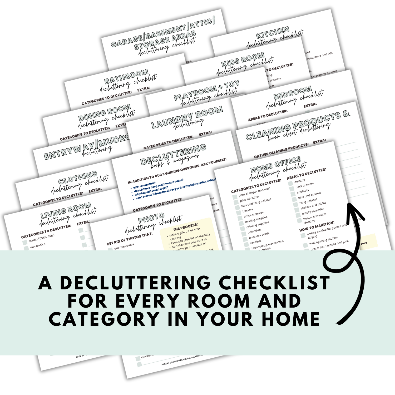 pages inside the decluttering made easy workbook including checklists for every room in your home.