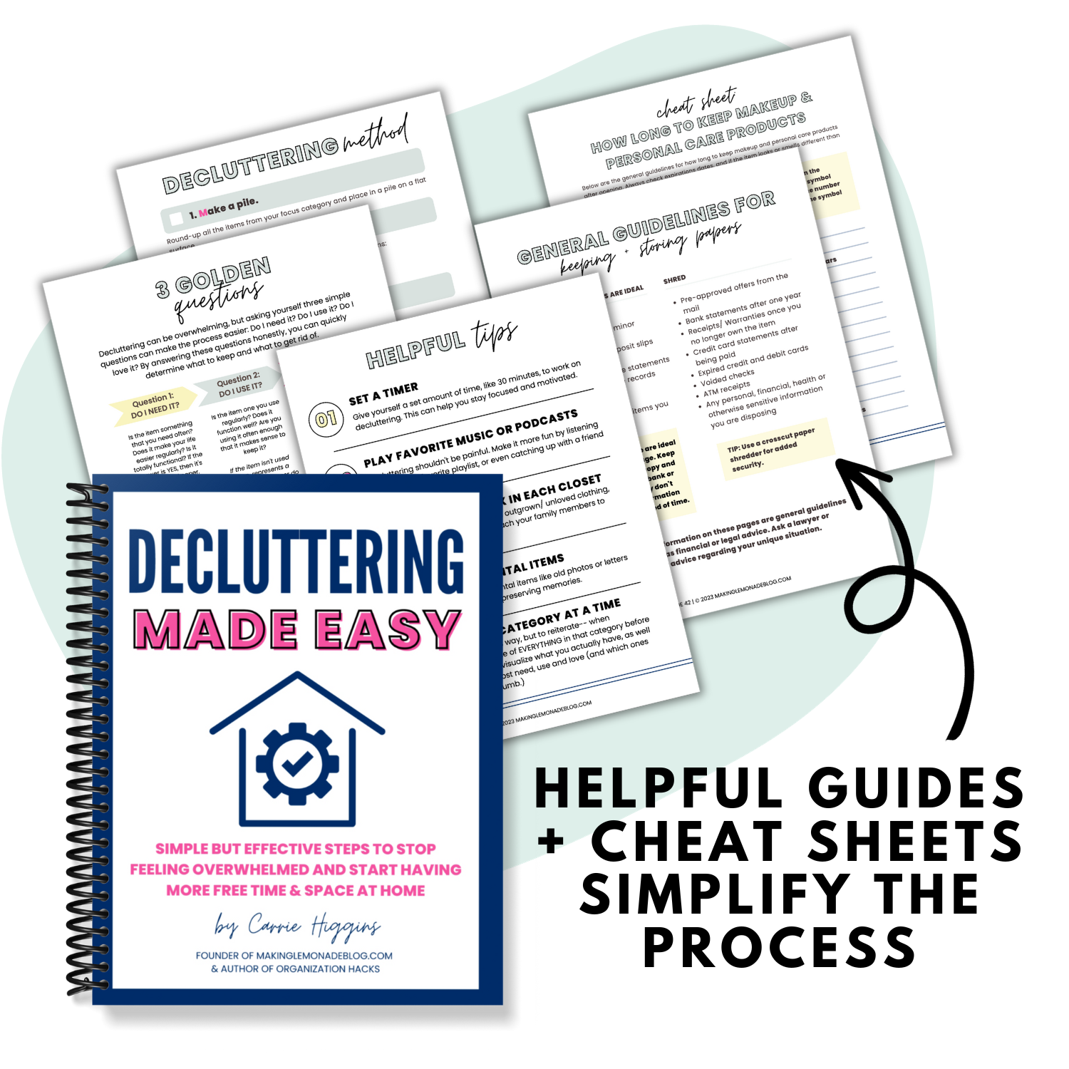 contents of guides inside the digital decluttering made easy workbook.