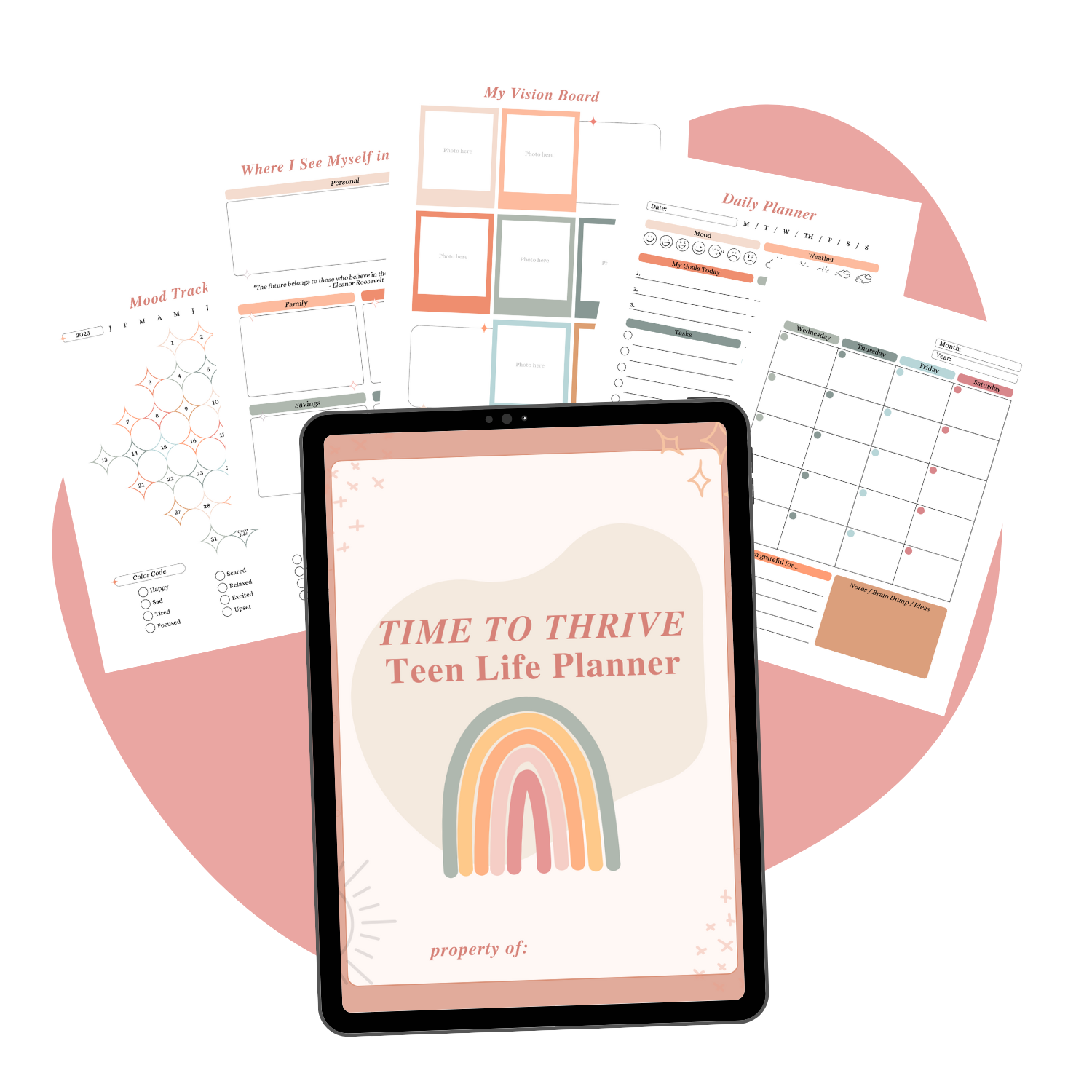 Printable + Digital Boho Teen Student Planner pages mockup