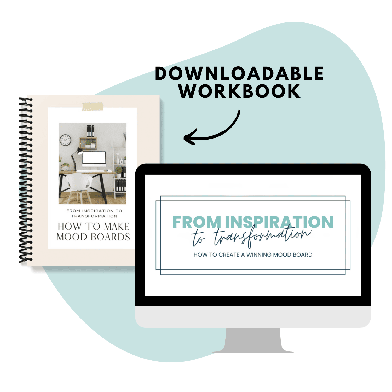 mockup on computer screen of how to make mood boards workshop that shows copy of downloadable workbook